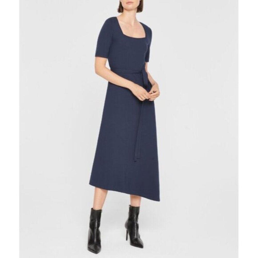 Club Monaco Square Neck Knit Dress Asymmetric Hem Midi Modest Navy Blue L NWT
